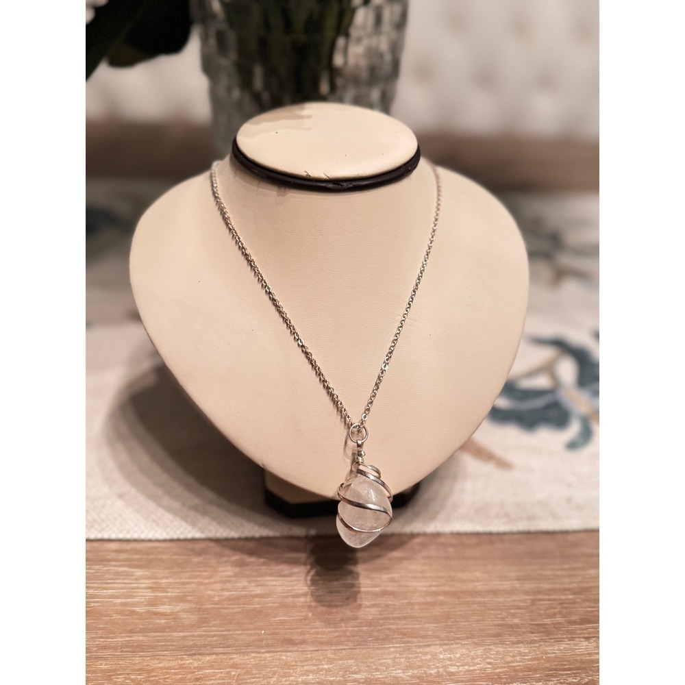 Crystal Quartz Necklace Silver‎ Wire Wrapped Pendant Healing Stone Jewelry